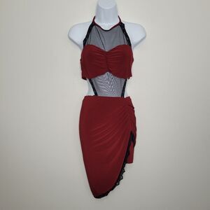 Red black mesh lace bodycon rave clubbing kesha party halter tie dress size M